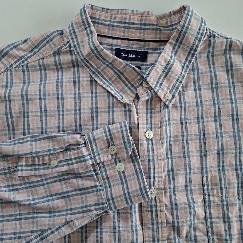 Croft & Barrow XXL Mens Button Down Shirt Easy Care Plaid Pink Blue Cotton Blend